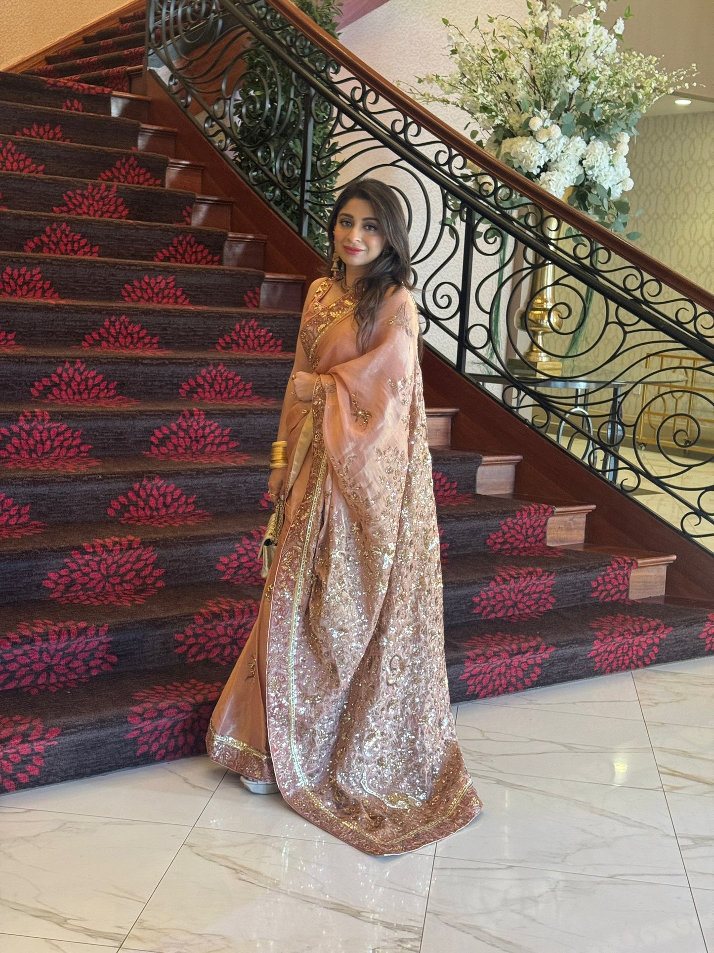 Sara Malik in our customised Tissue Saree with handworked Shikargah motif and borders with chan all over.