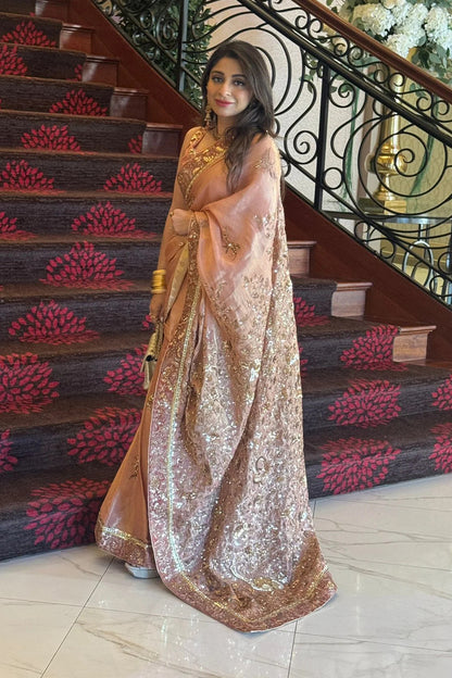 Sara Malik in our customised Tissue Saree with handworked Shikargah motif and borders with chan all over.