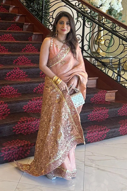 Sara Malik in our customised Tissue Saree with handworked Shikargah motif and borders with chan all over.
