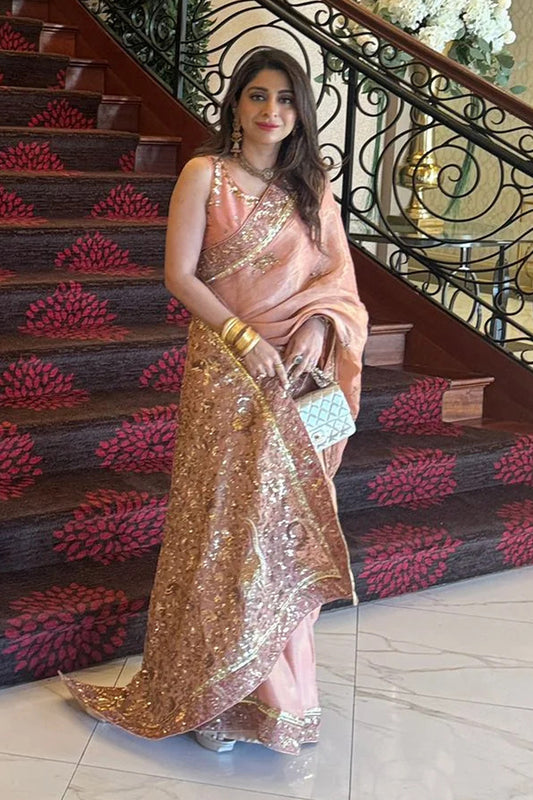 Sara Malik in our customised Tissue Saree with handworked Shikargah motif and borders with chan all over.