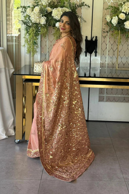 Sara Malik in our customised Tissue Saree with handworked Shikargah motif and borders with chan all over.