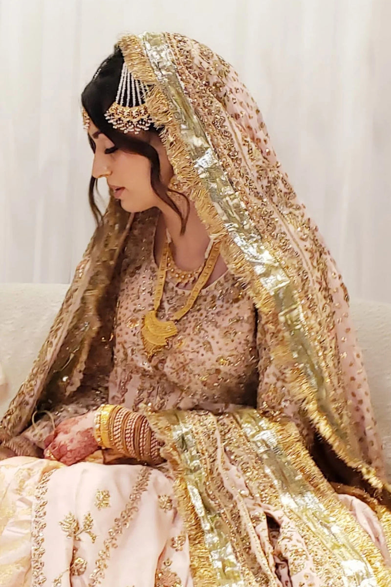 PinkTree Bride in a customised peshwas, heavily embellished with zardozi, sequins, dabka, kamdani and gota.