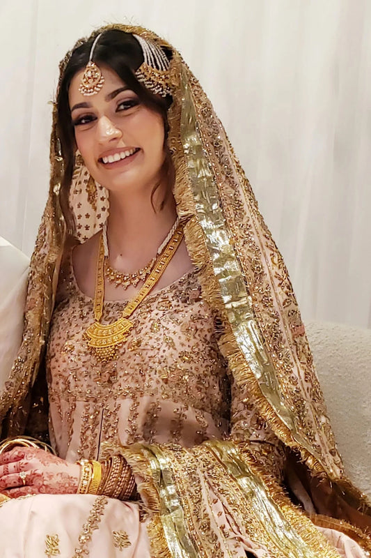 PinkTree Bride in a customised peshwas, heavily embellished with zardozi, sequins, dabka, kamdani and gota.