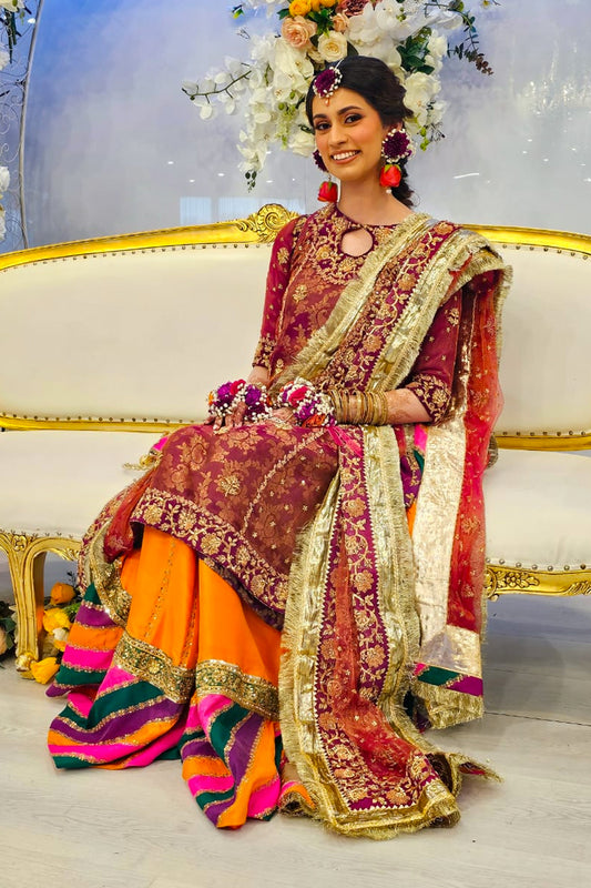 Elegance redefined: a bridal shirt in luxurious jamawar, adorned with intricate handwork and paired with a classic chatapti dhaka by The PinkTree Company.
