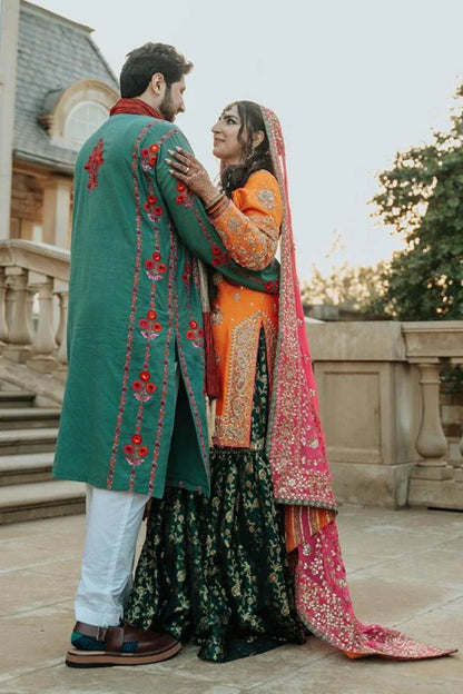 Bright, bold, and beautiful—The PinkTree Company’s Mehndi outfits capture the spirit of celebration for bride and groom alike.