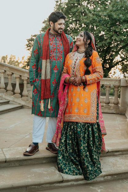 Bright, bold, and beautiful—The PinkTree Company’s Mehndi outfits capture the spirit of celebration for bride and groom alike.