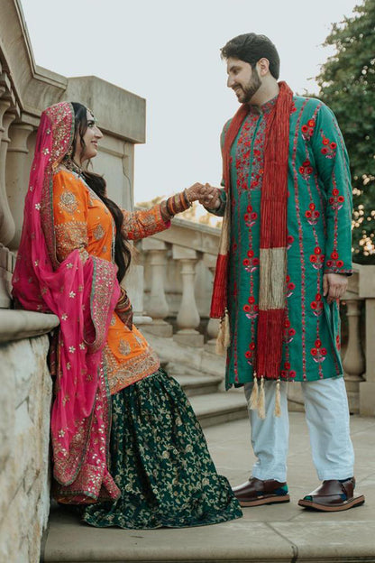 Bright, bold, and beautiful—The PinkTree Company’s Mehndi outfits capture the spirit of celebration for bride and groom alike.