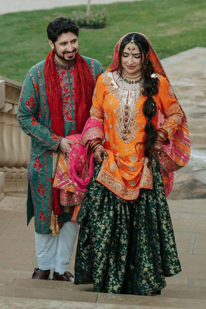 Bright, bold, and beautiful—The PinkTree Company’s Mehndi outfits capture the spirit of celebration for bride and groom alike.