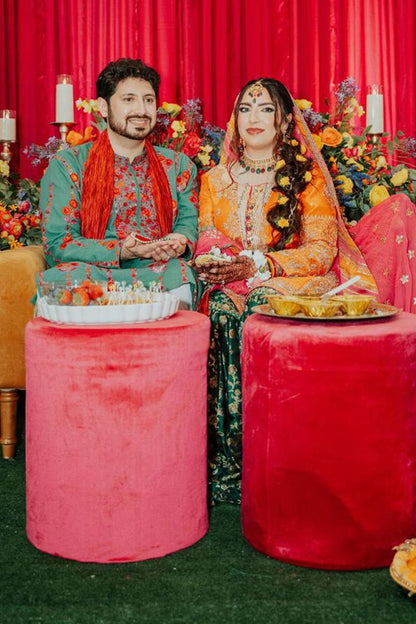 Bright, bold, and beautiful—The PinkTree Company’s Mehndi outfits capture the spirit of celebration for bride and groom alike.