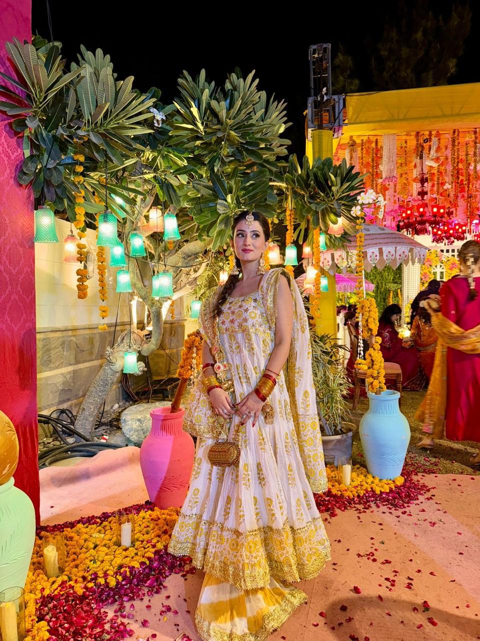 Our customised Block Printed Peshwaz with lehriya dhaka, gota work on bodice and finished with gota