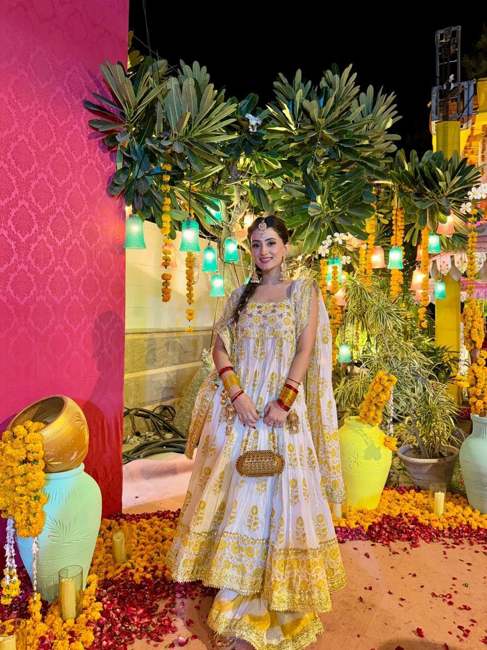 Our customised Block Printed Peshwaz with lehriya dhaka, gota work on bodice and finished with gota