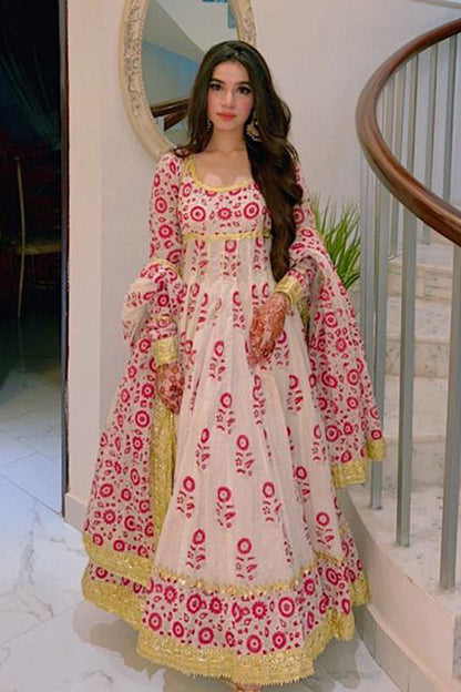 Bia peshwaz in rich red and gold block print, finished with traditional gota detailing—crafted exclusively by The PinkTree Company.