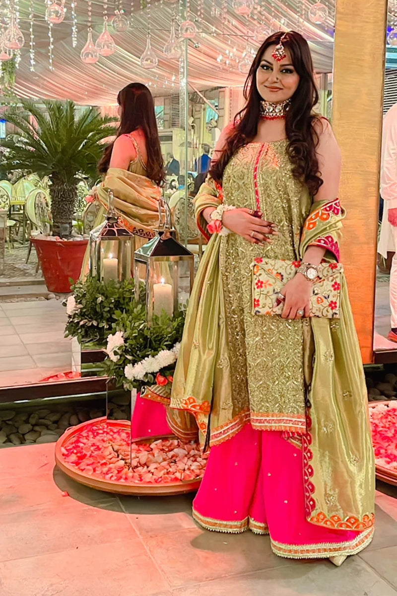 Javeria Abbasi in our customised heavily embellished tissue outfit with raw silk dhaka pajama and dupatta