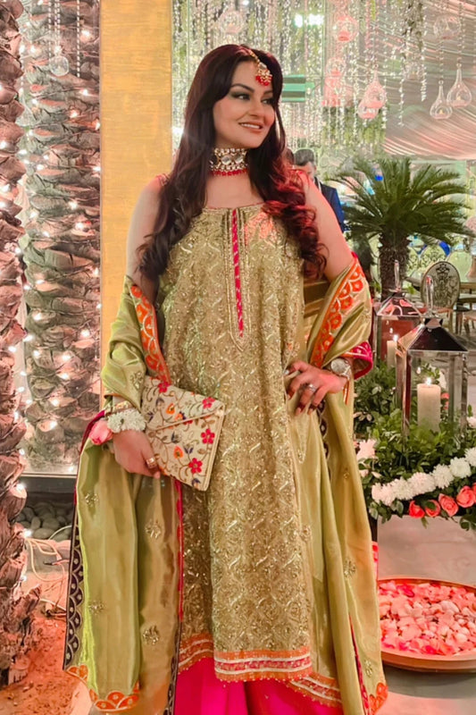 Javeria Abbasi in our customised heavily embellished tissue outfit with raw silk dhaka pajama and dupatta
