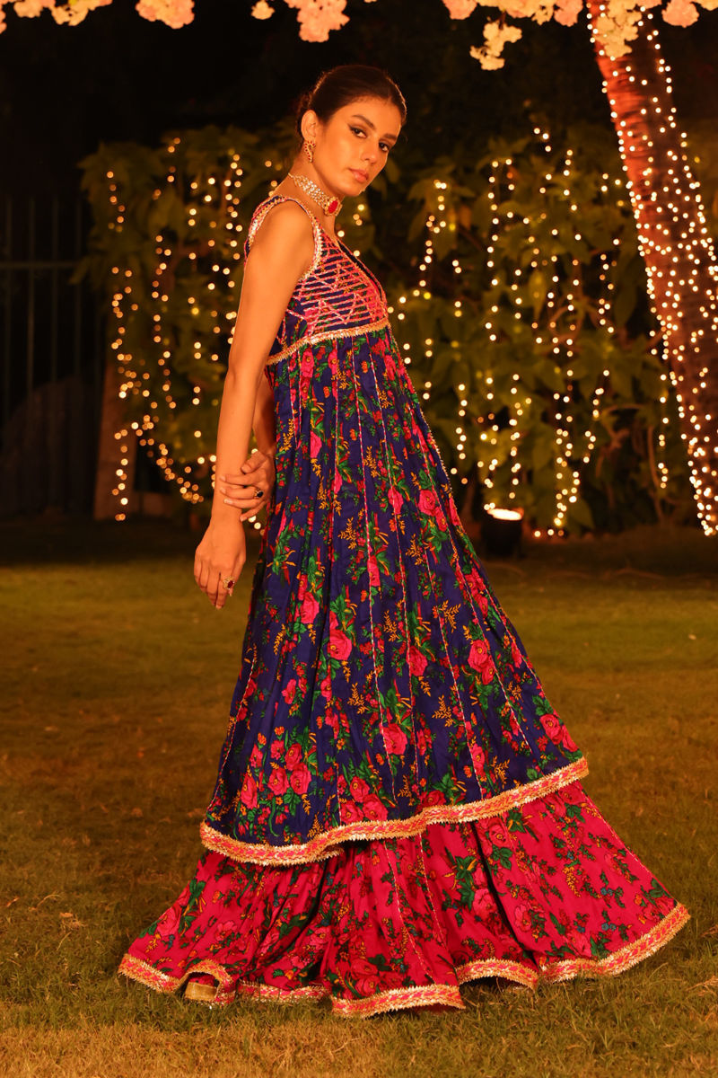 Bomb Shell - Blue & Red Lehenga Choli by The Pink Tree Company, view 2