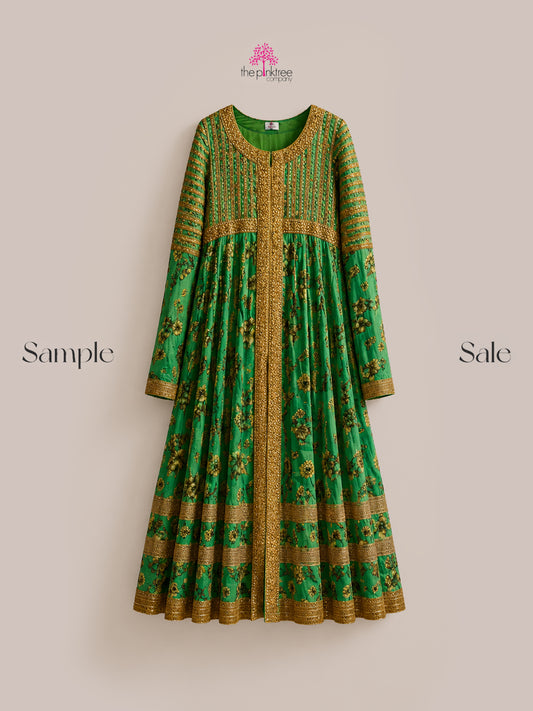 PRINTED GREEN PISHWAS (SAMPLE SALE) - Green Peshwaz by The Pink Tree Company