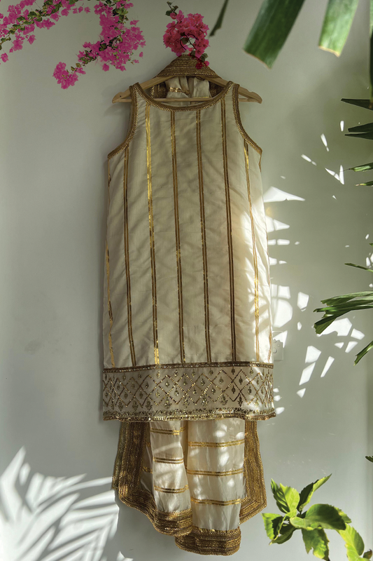 Ivory and Gold Katan Shirt with purple shalwar