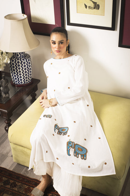 3 Blue Elephants - Ivory Kurta by The Pink Tree Company, view 2