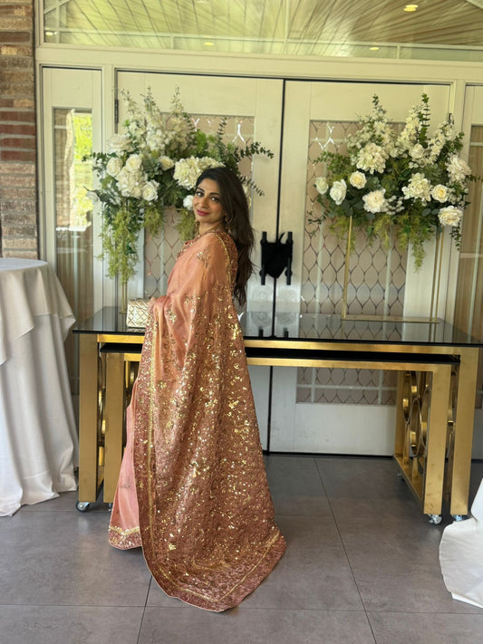 Sara Malik in our customised Tissue Saree with handworked Shikargah motif and borders with chan all over.