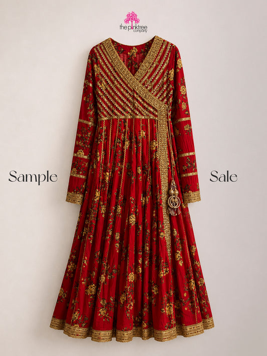 PRINTED PISHWAS IN RED (SAMPLE SALE) - Red Peshwaz by The Pink Tree Company