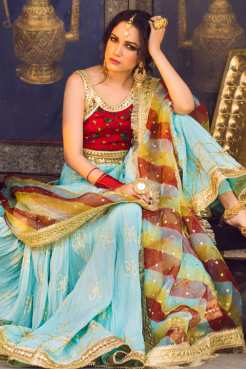 Aarti - Turquoise Lehenga Choli by The Pink Tree Company, view 4