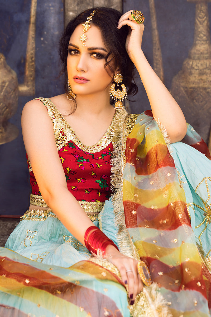 Aarti - Turquoise Lehenga Choli by The Pink Tree Company, view 2