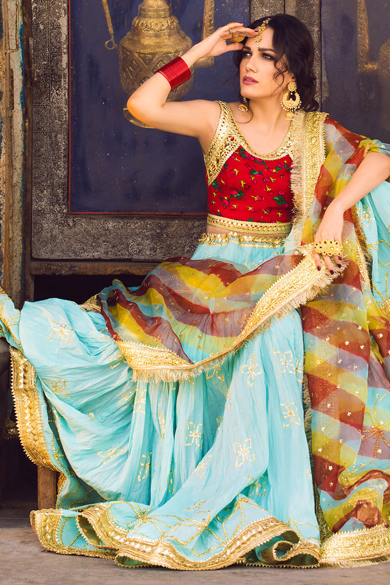Aarti - Turquoise Lehenga Choli by The Pink Tree Company, view 3